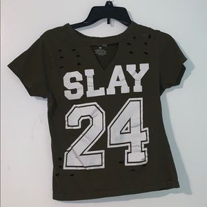 edgy olive green shirt with holes